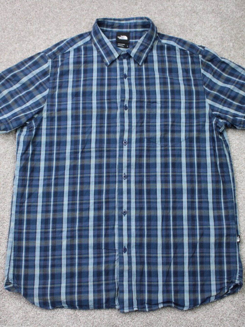The North Face Shirt Mens Large Blue Plaid 100% Cotton Short Sleeve Casual